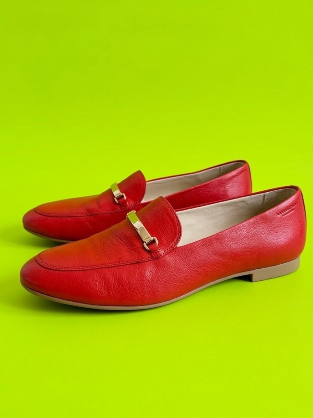 Vagabond Red Genuine Leather Flat Loafers with Gold Details